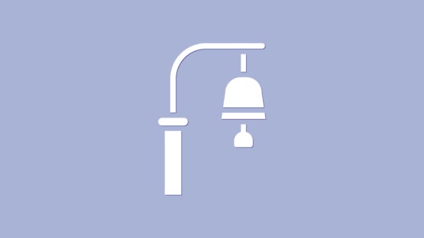 Biała ikona dzwonu na dworcu kolejowym na fioletowym tle. 4K Animacja graficzna ruchu wideo — Wideo stockowe