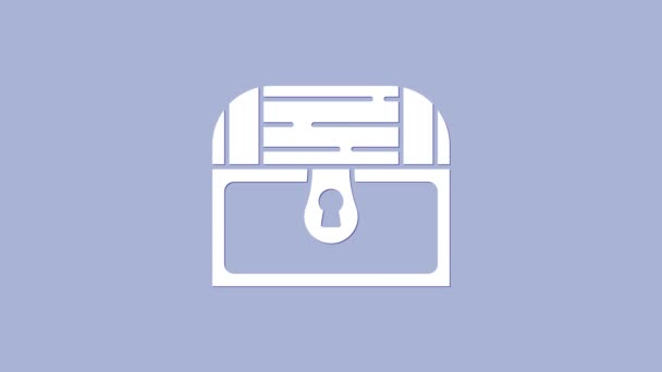 Icona scrigno antico tesoro bianco isolato su sfondo viola. Cassettone vintage in legno con moneta d'oro. Animazione grafica 4K Video motion — Video Stock