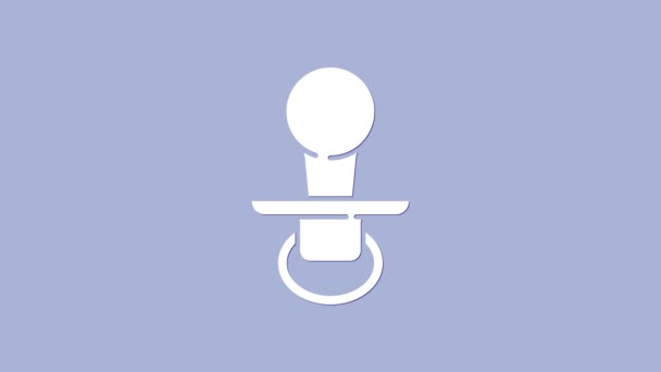 Icono blanco chupete maniquí bebé aislado sobre fondo púrpura. Juguete de un niño. Animación gráfica de vídeo 4K — Vídeo de stock