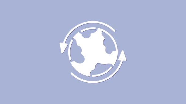 Біла піктограма у всьому світі ізольована на фіолетовому фоні. Шпилька на глобусі. 4K Відео рух графічна анімація — стокове відео