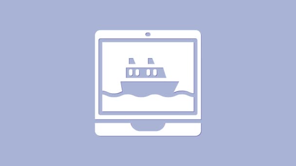 Λευκό κρουαζιερόπλοιο εικονίδιο απομονώνονται σε μωβ φόντο. Τουριστικός ναυτικός τουρισμός Επιβατικό πλοίο ταξιδιού, κρουαζιερόπλοιο. Παγκόσμια κρουαζιέρα. 4K Γραφική κίνηση κίνησης βίντεο — Αρχείο Βίντεο