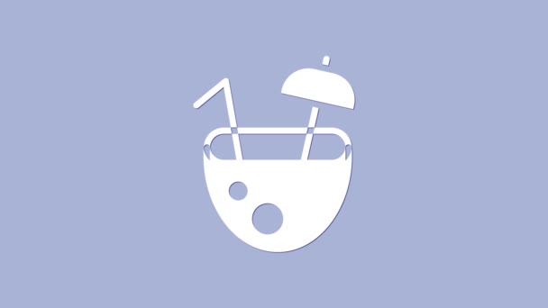 Blanco zumo de coco exótico fresco cóctel y paraguas icono aislado sobre fondo púrpura. Animación gráfica de vídeo 4K — Vídeos de Stock