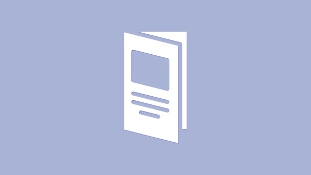 Λευκό εικονίδιο διάταξης προτύπου φυλλαδίου που απομονώνεται σε μωβ φόντο. Ετήσια εταιρική αναφορά, κατάλογος, περιοδικό, φυλλάδιο. 4K Γραφική κίνηση κίνησης βίντεο — Αρχείο Βίντεο