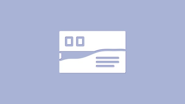 Λευκό εικονίδιο ταξιδιού με ταχυδρομική κάρτα που απομονώνεται σε μωβ φόντο. 4K Γραφική κίνηση κίνησης βίντεο — Αρχείο Βίντεο