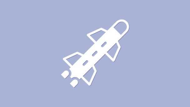 Άσπρο εικονίδιο πυραύλου απομονωμένο σε μωβ φόντο. 4K Γραφική κίνηση κίνησης βίντεο — Αρχείο Βίντεο