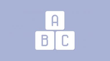 Beyaz ABC blok simgesi mor arkaplanda izole edildi. A, B, C harfli alfabe küpleri. 4K Video hareketli grafik canlandırması
