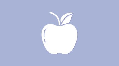 Beyaz Elma simgesi mor arkaplanda izole edildi. Yaprak sembollü meyve. 4K Video hareketli grafik canlandırması