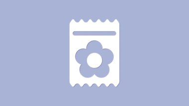 Mor arka planda izole edilmiş özel bir bitki simgesinin tohumlarıyla dolu beyaz paket. 4K Video hareketli grafik canlandırması