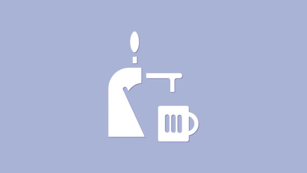 Rubinetto di birra bianca con icona di vetro isolata su sfondo viola. Animazione grafica 4K Video motion — Video Stock