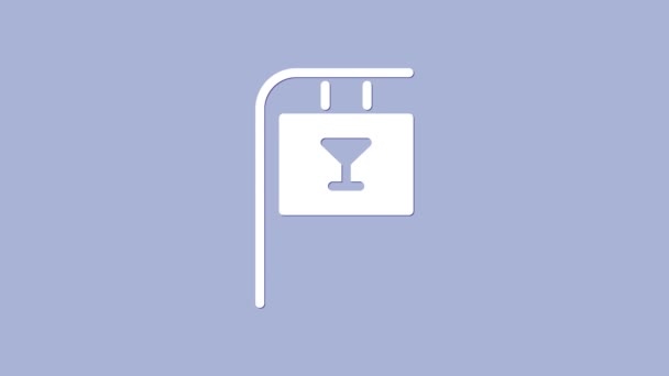 Placa de sinalização de rua branca com inscrição Ícone de barra isolado no fundo roxo. Adequado para anúncios bar, café, restaurante. Animação gráfica em movimento de vídeo 4K — Vídeo de Stock