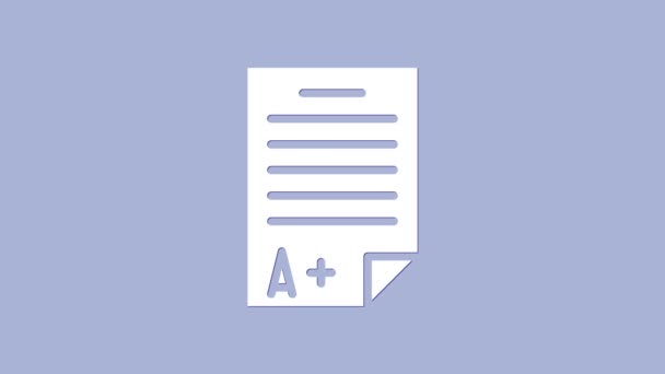 Vit Tentamen ark med A plus betyg ikon isolerad på lila bakgrund. Testpapper, examen eller enkätkoncept. Skolprov eller prov. 4K Video motion grafisk animation — Stockvideo