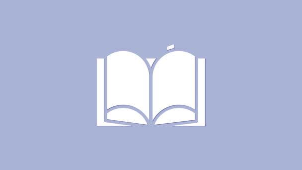 Ícone de livro aberto branco isolado no fundo roxo. Animação gráfica em movimento de vídeo 4K — Vídeo de Stock