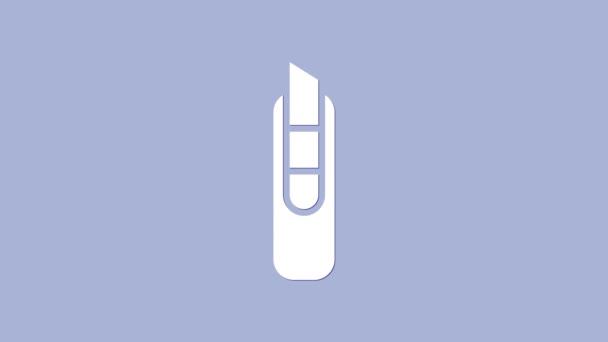 Icona del coltello cancelleria bianco isolato su sfondo viola. Tagliacarte da ufficio. Animazione grafica 4K Video motion — Video Stock