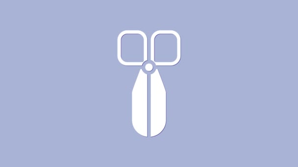Icono Tijeras blancas aisladas sobre fondo púrpura. Señal de herramientas de corte. Animación gráfica de vídeo 4K — Vídeos de Stock