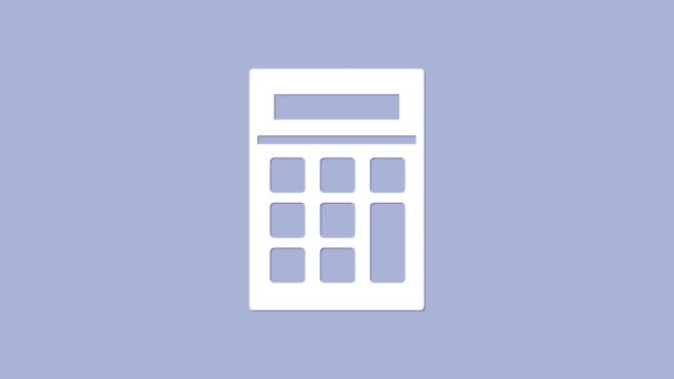 Hvitt kalkulatorikon isolert på lilla bakgrunn. Regnskapssymbol. Forretningsberegninger - undervisning og økonomi. 4K Video motion grafisk animasjon – stockvideo