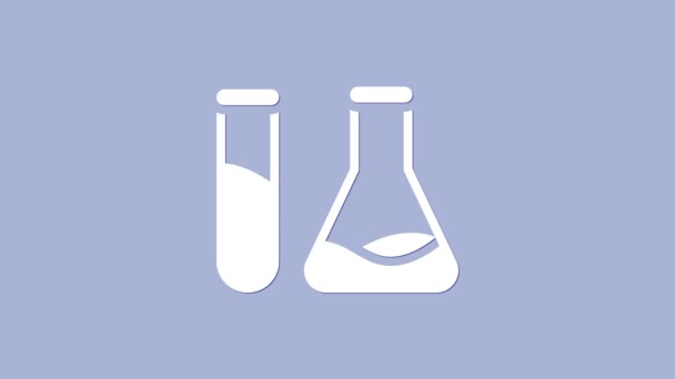 Біла випробувальна трубка і колба хімічна лабораторна випробувальна іконка ізольована на фіолетовому фоні. Лабораторний знак скляного посуду. 4K Відео рух графічна анімація — стокове відео