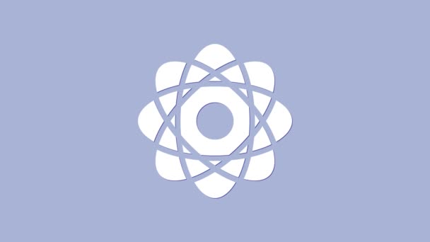 Vit Atom ikonen isolerad på lila bakgrund. Symbol för vetenskap, utbildning, kärnfysik, vetenskaplig forskning. 4K Video motion grafisk animation — Stockvideo