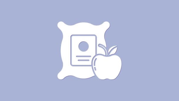 Manzana blanca en el icono del saco aislado sobre fondo púrpura. Manzanas en una bolsa de lona. Mercado de agricultores. Animación gráfica de vídeo 4K — Vídeo de stock