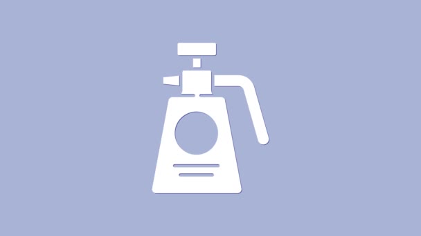 Pulverizador de jardim branco para água, fertilizante, ícone de produtos químicos isolados no fundo roxo. Animação gráfica em movimento de vídeo 4K — Vídeo de Stock