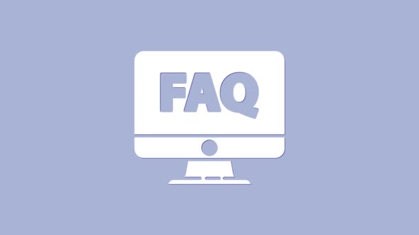 Белый монитор компьютера и часто задаваемые вопросы изолированы на фиолетовом фоне. Регулировка, обслуживание, настройка, обслуживание, ремонт, фиксация. Видеографическая анимация 4K — стоковое видео