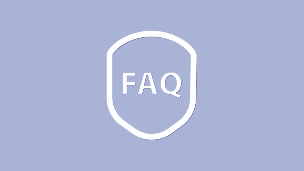 Escudo blanco con texto FAQ icono de información aislado sobre fondo púrpura. Señal de guardia. Seguridad, seguridad, protección, concepto de privacidad. Animación gráfica de vídeo 4K — Vídeos de Stock