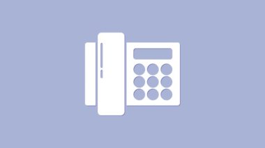 Mor arkaplanda izole edilmiş beyaz telefon simgesi. Sabit telefon. 4K Video hareketli grafik canlandırması