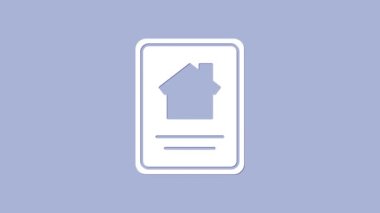 Tablet ikonundaki White Online emlak evi mor arka planda izole edilmiş. Ev kredisi konsepti, kira, satın alma, mülk alma. 4K Video hareketli grafik canlandırması