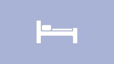 Beyaz yatak simgesi mor arkaplanda izole edilmiş. 4K Video hareketli grafik canlandırması