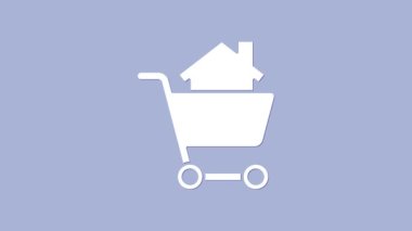 Mor arka planda ev ikonu olan beyaz alışveriş arabası. Ev konsepti al. Ev kredisi konsepti, kira, mülk satın alma. 4K Video hareketli grafik canlandırması