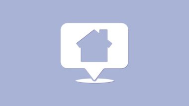 Mor arkaplanda ev simgesi olan beyaz harita işaretçisi. Ev konumu belirleyici sembol. 4K Video hareketli grafik canlandırması