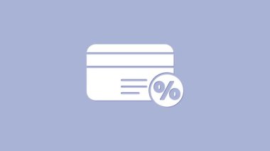 Mor arka planda yüzde ikonu olan beyaz indirim kartı. Sadakat puanı kartı. 4K Video hareketli grafik canlandırması