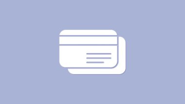 Mor arkaplanda beyaz kredi kartı simgesi izole edildi. Çevrimiçi ödeme. Nakit çekilmesi. Finansal operasyonlar. Alışveriş tabelası. 4K Video hareketli grafik canlandırması