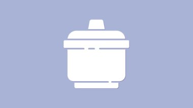 Mor arka planda beyaz tencere simgesi izole edilmiş. Haşlama ya da güveç besin sembolü. 4K Video hareketli grafik canlandırması