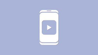 Beyaz Online video oynatma simgesi mor arkaplanda izole edildi. Akıllı telefon ve üzerinde oyun işareti olan film şeridi. 4K Video hareketli grafik canlandırması