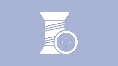 Mor arkaplanda beyaz dikiş ipliği ve düğme simgesi izole edildi. İplik makarası. İplik kutusu. 4K Video hareketli grafik canlandırması