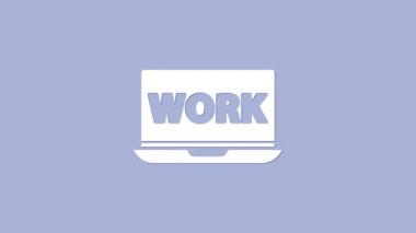 Mor arkaplanda metin çalışması simgesi olan beyaz dizüstü bilgisayar. 4K Video hareketli grafik canlandırması