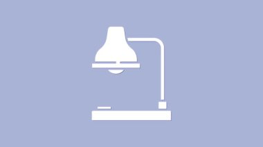 Mor arkaplanda beyaz masa lambası simgesi izole edildi. Ofis lambası. 4K Video hareketli grafik canlandırması