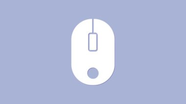 Beyaz Bilgisayar faresi simgesi mor arkaplanda izole edildi. Tekerlek sembollü optik. 4K Video hareketli grafik canlandırması