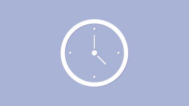 Mor arkaplanda beyaz saat simgesi izole edildi. Zaman sembolü. 4K Video hareketli grafik canlandırması