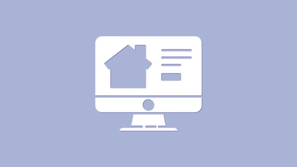 White Online vastgoed huis op monitor icoon geïsoleerd op paarse achtergrond. Woningkredietconcept, huur, koop, koop een woning. 4K Video motion grafische animatie — Stockvideo