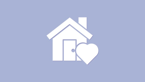 Weißes Haus mit Symbol in Herzform auf violettem Hintergrund. Liebe Heimatsymbol. Familie, Immobilien und Immobilien. 4K Video Motion Grafik Animation — Stockvideo