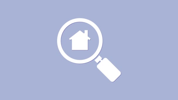 White Search Haus Symbol isoliert auf lila Hintergrund. Immobilien-Symbol eines Hauses unter der Lupe. 4K Video Motion Grafik Animation — Stockvideo