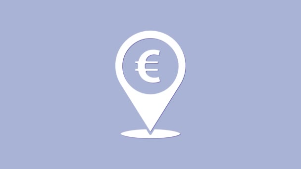 White Cash Location Pin Symbol isoliert auf violettem Hintergrund. Zeiger und Euro-Symbol. Geldstandort. Geschäfts- und Investitionskonzept. 4K Video Motion Grafik Animation — Stockvideo