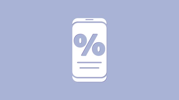 Blanc Pourcentage de réduction et icône de téléphone mobile isolé sur fond violet. Pourcentage de vente - étiquette de prix, étiquette. Animation graphique de mouvement vidéo 4K — Video
