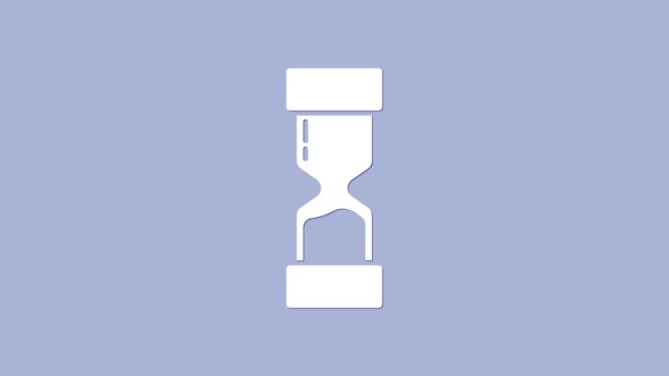 Vecchia clessidra bianca con icona di sabbia fluente isolata su sfondo viola. Segnale dell'orologio di sabbia. Concetto di gestione aziendale e temporale. Animazione grafica 4K Video motion — Video Stock