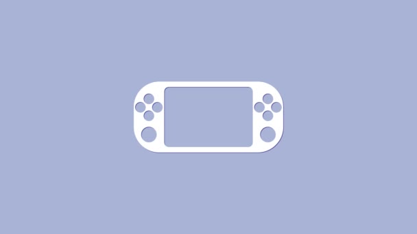Ikon konsol permainan video portabel putih diisolasi dengan latar belakang ungu. Tanda Gamepad. Konsep permainan. Animasi grafis gerak Video 4K — Stok Video