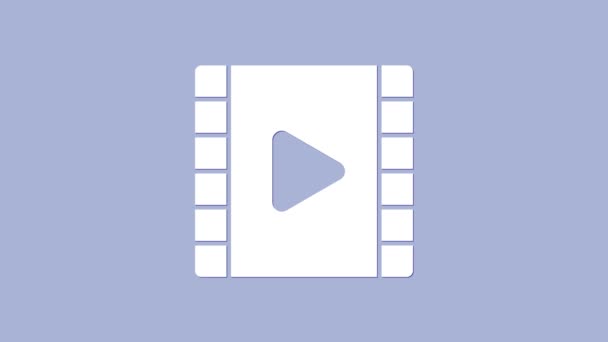 Icône Lecture vidéo blanche isolée sur fond violet. Bande de film avec panneau de jeu. Animation graphique de mouvement vidéo 4K — Video