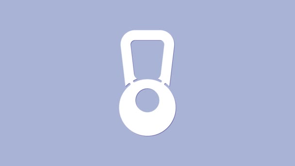白色Kettlebell图标孤立在紫色背景。运动器材。4K视频运动图形动画 — 图库视频影像