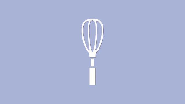 Icône de fouet de cuisine blanche isolée sur fond violet. Ustensiles de cuisine, batteur d'oeufs. Panneau couverts. Symbole de mélange alimentaire. Animation graphique de mouvement vidéo 4K — Video
