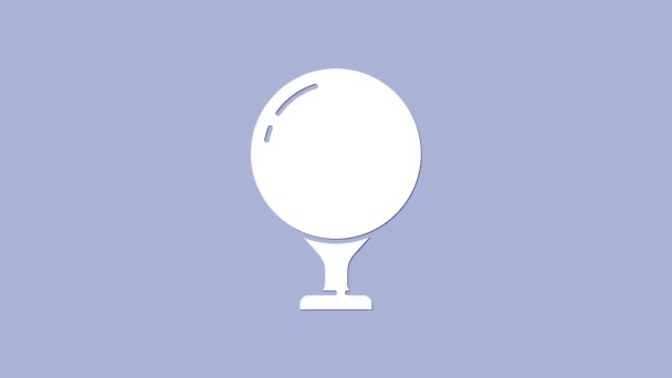 Weißer Golfball auf Tee-Symbol isoliert auf violettem Hintergrund. 4K Video Motion Grafik Animation